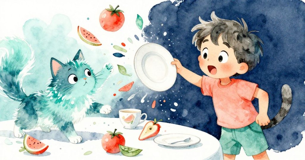 貓咪輕觸托盤邊緣引發果塔崩塌，Milo驚訝表情中展現動態場景，物品紛飛跨越桌面，高潮迭起。