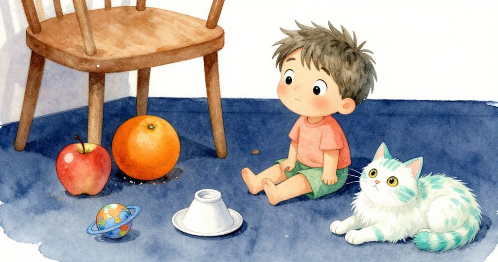 混亂落幕後，橘子滾至椅下，蘋果靠近塑料行星，Milo沉思凝望，貓兒靜臥定神，展示故事平靜結局。