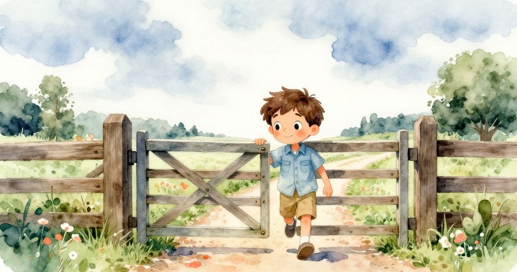 樂奧穿著輕便服裝，通過半開木門踏上鄉村小徑，神情期待，天際陰雲低垂，展開冒險。