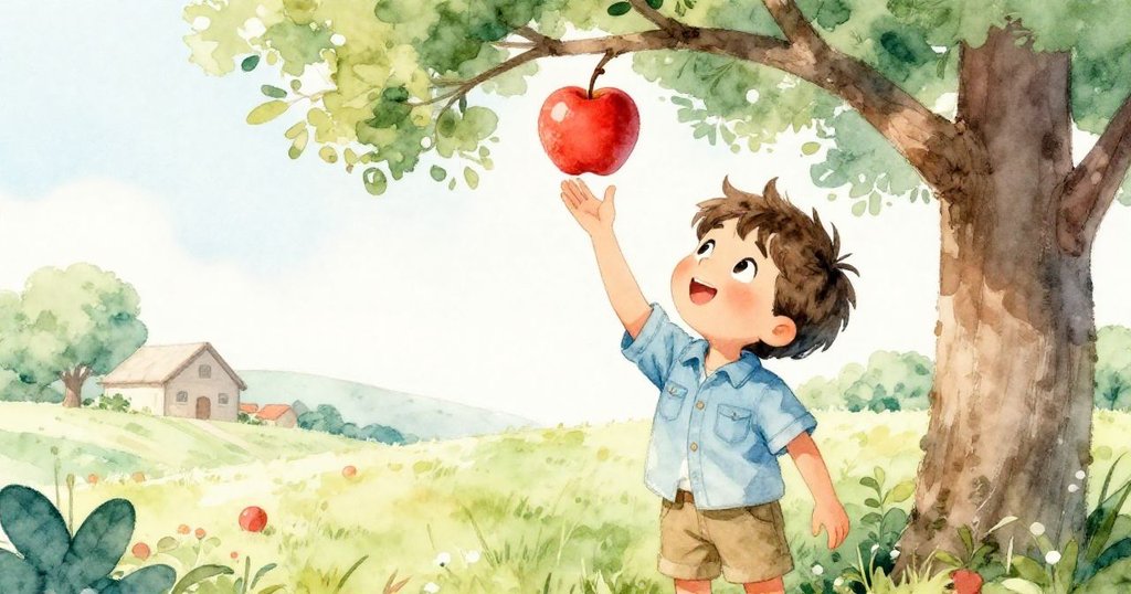 樂奧伸手向高枝上明亮紅蘋果努力，神情堅定，戶外農場背景平靜，蘋果成為希望象徵。