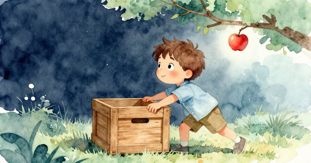 樂奧用心推動木箱並攀爬其上，巧妙借力摘取紅蘋果，充滿創意與堅定神情，戶外農場充滿希望。