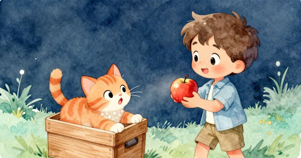 樂奧持蘋果驚見木箱傾斜間活潑小貓滑出，神情驚愕而好奇，隱藏驚喜於鄉村場景中。