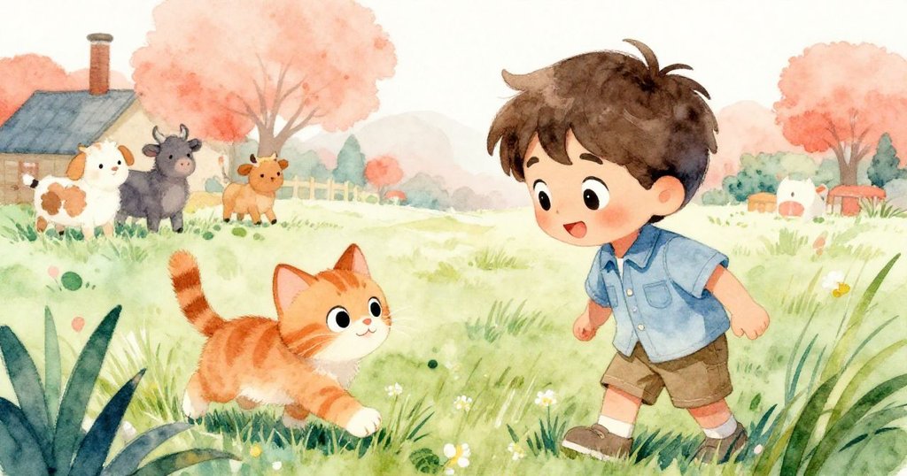 樂奧微笑著下步觀察小貓快樂奔入長草，農場背景中隱現動物相伴，充滿溫馨慶祝氛圍。