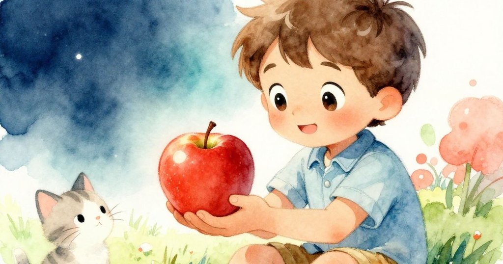 樂奧溫柔地握著鮮紅蘋果，表情洋溢著發現喜悅，小貓背景隱現，儲藏著一天奇遇作為珍貴禮物。