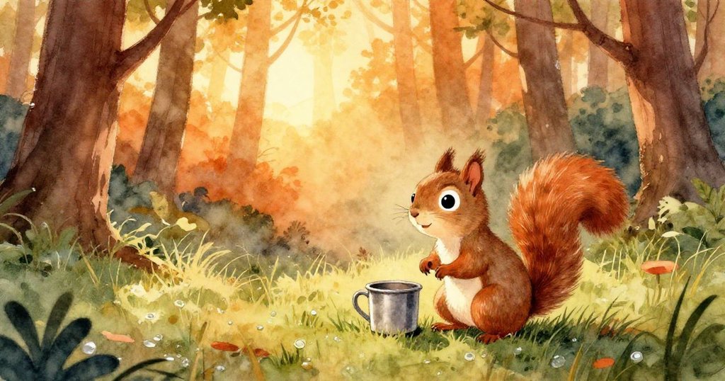 小松鼠 Nutty 在清晨森中草地注視金屬杯，充滿好奇與期待，背景中高大樹木與溫暖光線展現冒險開端。