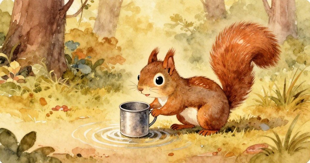 小松鼠 Nutty 輕推金屬杯，水面微波閃爍，表情充滿好奇，森林中暖色光影和精緻細節展現深層意義。