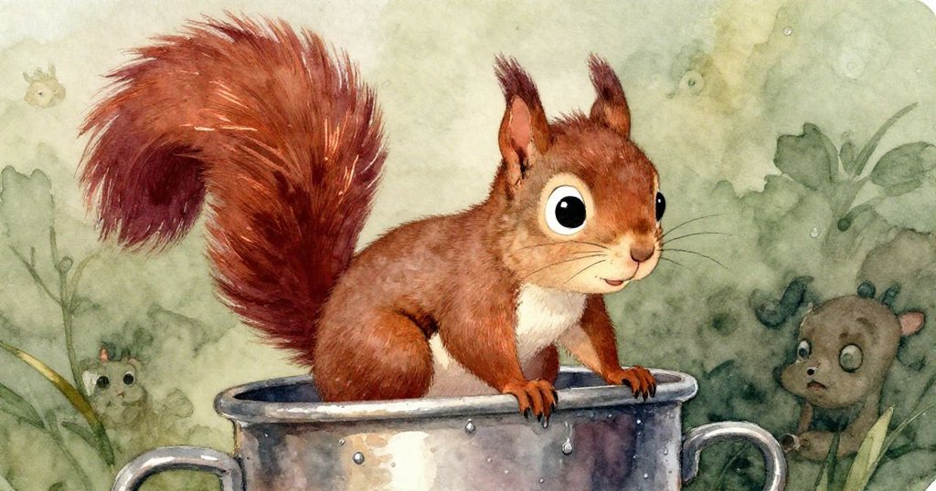 從低角度望見小松鼠 Nutty 正努力攀登金屬杯邊，表情充滿堅定，背景森林與細膩光影強調挑戰與勇氣。