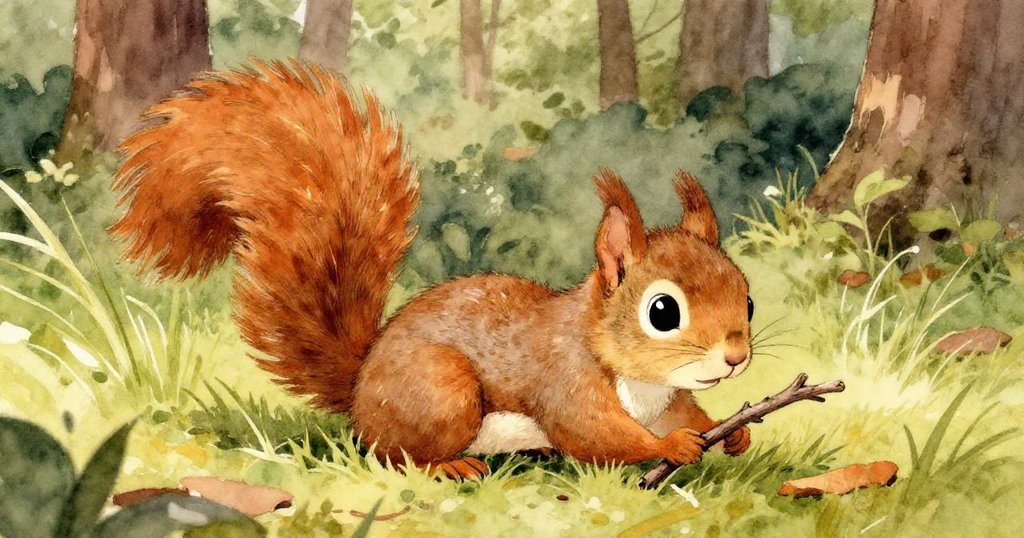 小松鼠 Nutty 在草地跌落後拾起細樹枝，臉上露出堅定神情，背景森林溫暖光線與細膩草地營造重生氛圍。