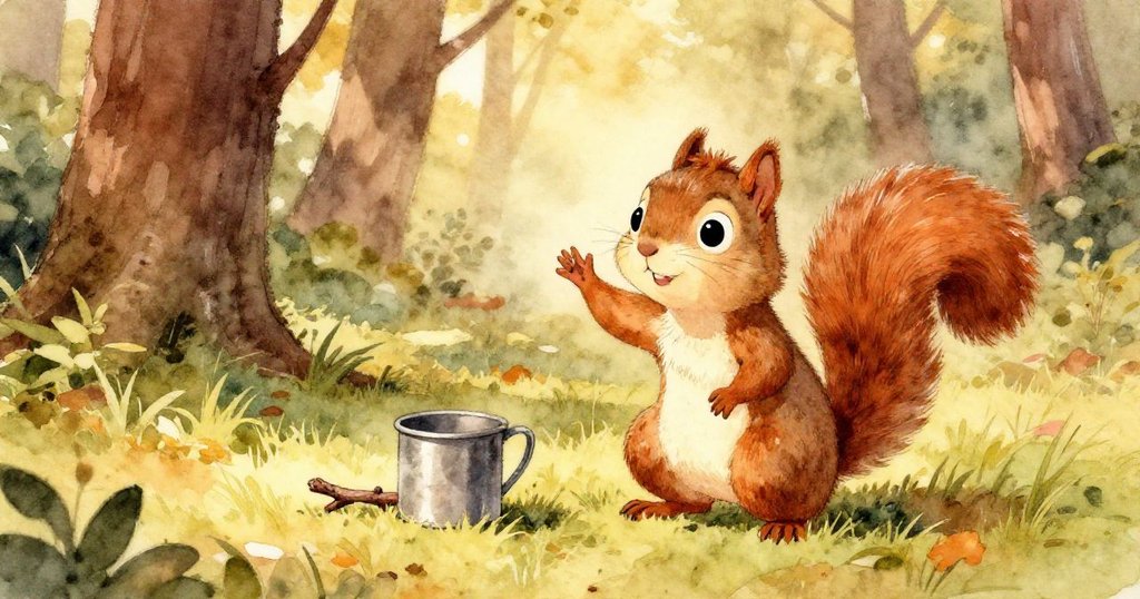 小松鼠 Nutty 舉爪向森林道別，金屬杯靜立樹枝旁放，背景夕陽柔和，展現滿足與期待新冒險的溫暖情懷。