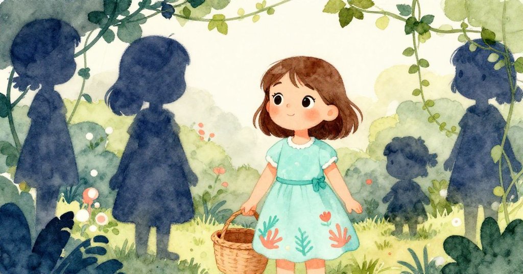 米婭在暖陽下拉動籃子，藤蔓環繞，神情期待，庭園中展開尋寶冒險之旅。