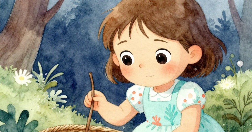 米婭專注地盯著擋住籃蓋的細木棍，眼神堅定，準備巧妙解決小難題，充滿期待。