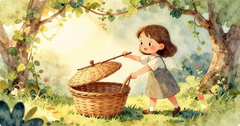 籃子內部昏暗中透出一道陽光，玩具熊捧著和平手勢掛飾和軟綿小牛靜臥呈現溫馨秘密。