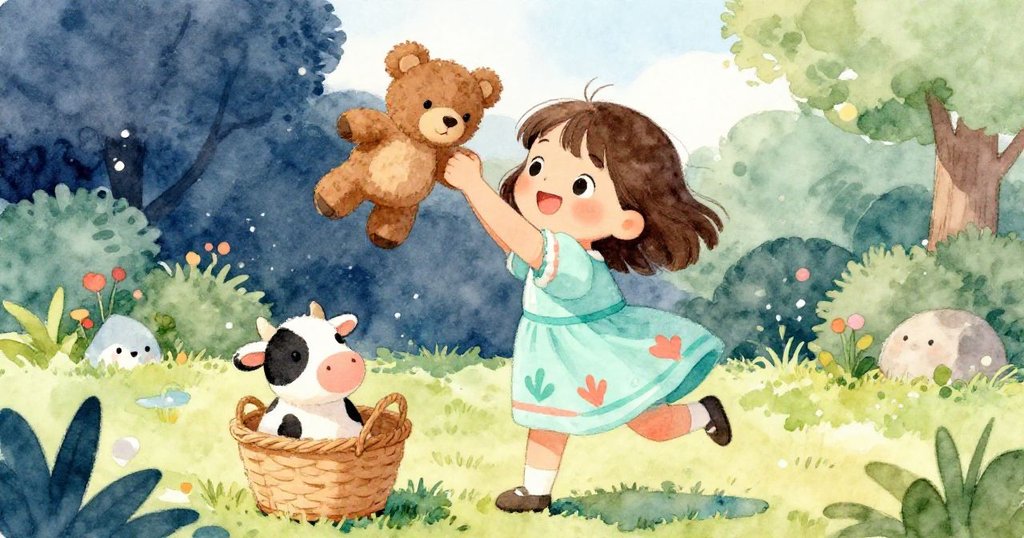 米婭興奮地跳躍著從籃中取出玩具熊與小牛，臉上洋溢著喜悅，動感十足。