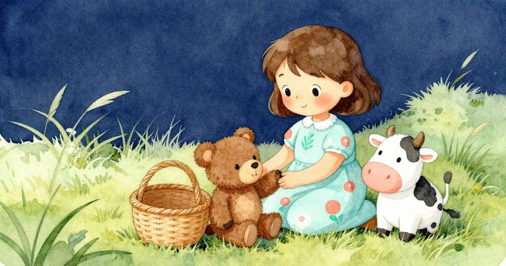 米婭溫柔地將玩具熊與小牛放在身旁，空籃留後，微風中草地搖曳，故事完滿告一段落。