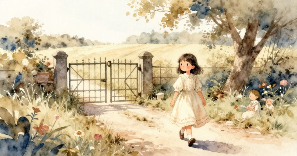Rina 穿著奶油色復古洋裝，在溫暖陽光下沿鄉間小路前行，走向搖曳草原中隱現的古老小門，充滿好奇與期待。