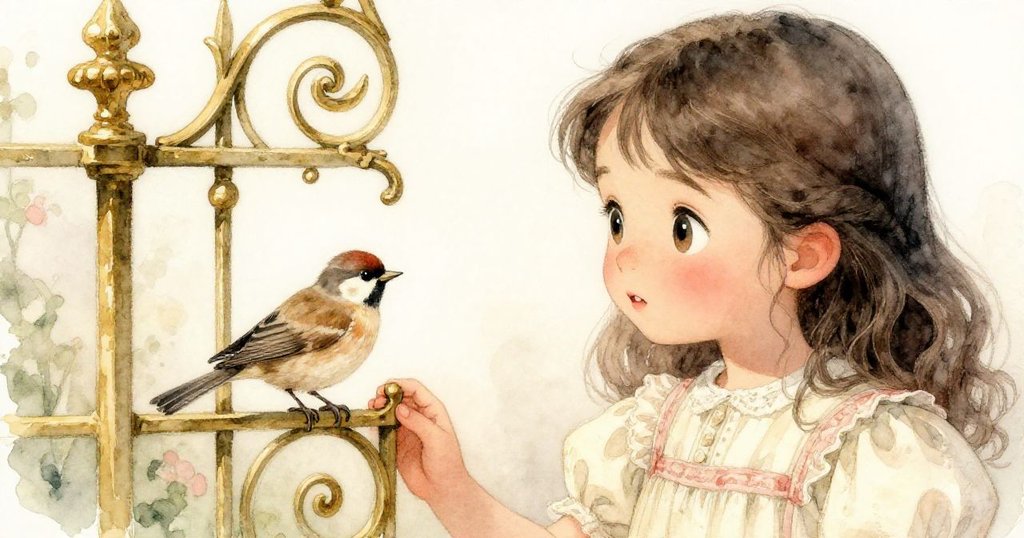 Rina 露出驚奇表情，凝視停在古門上的小鳥，臉上洋溢著好奇與喜悅，背景呈現溫柔復古質感。