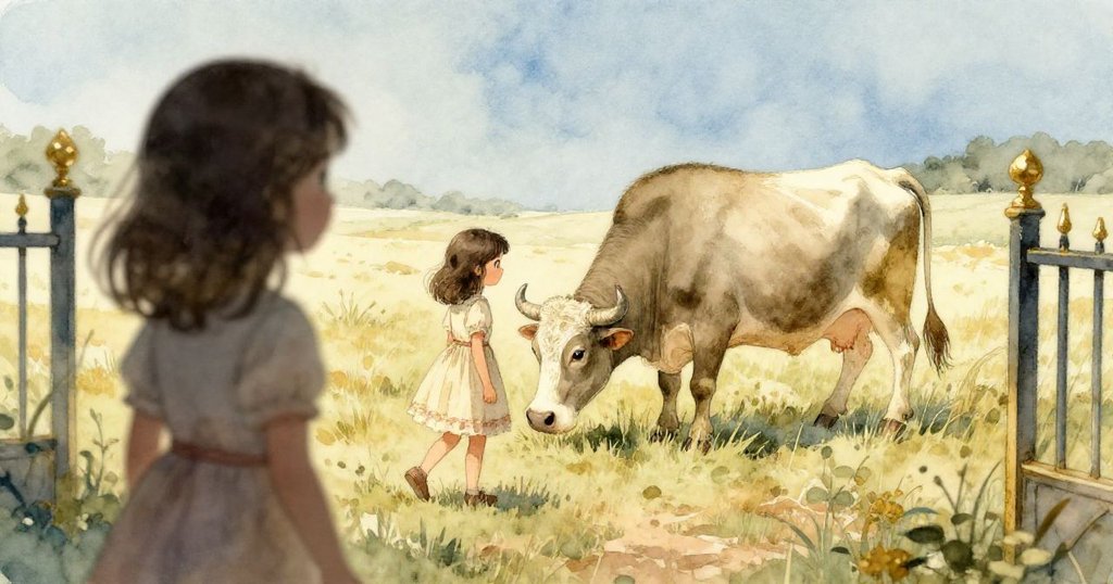 從小鳥視角看見Rina 及遠處安靜啃草的牛，古門近景清晰，背景自然柔和，透過鳥眼傳遞寧靜動感。