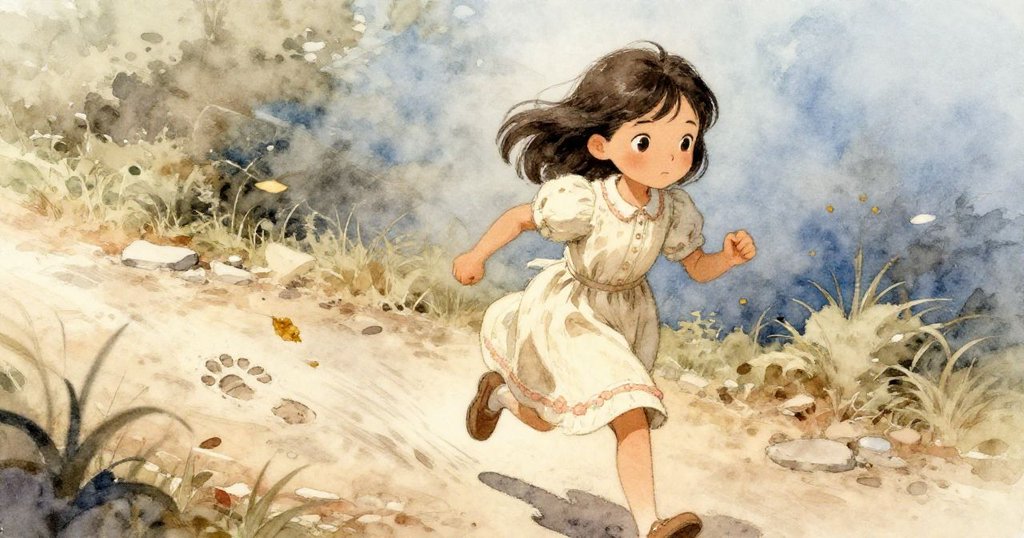 Rina 急速轉身返回，沿鄉間小徑奔跑時捲起一片飄動的樹葉覆蓋在舊石足跡上，表情堅定充滿動感。