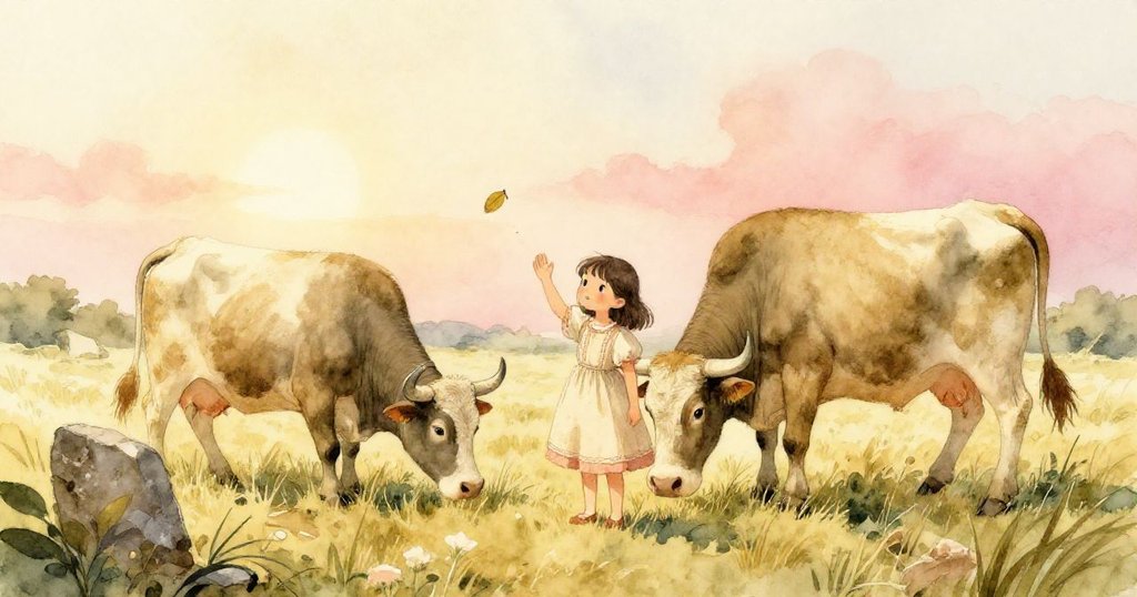 Rina 緩步揮手告別田野，微笑回望慢慢啃草的牛、飄動夢書與覆葉古石，夕陽映襯出懷舊溫馨情懷。