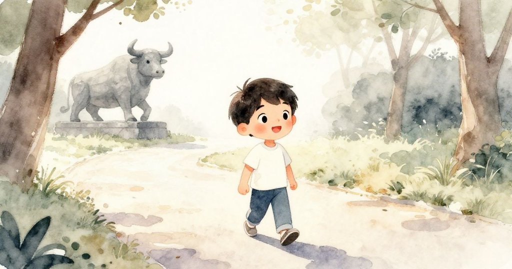 山姆快樂走在晨光中的公園小徑上，遠處石公牛靜靜矗立，展現開場的溫馨場景。