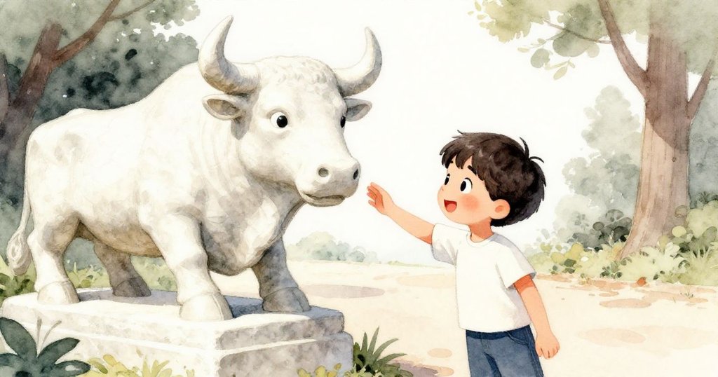 山姆在公園中停下腳步，伸手觸摸堅硬的石公牛，臉上充滿驚奇與好奇。