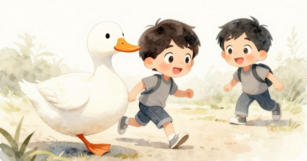 山姆低頭望著排隊過路的鴨子，領頭鴨自信領路，畫面充滿動態與自然趣味。