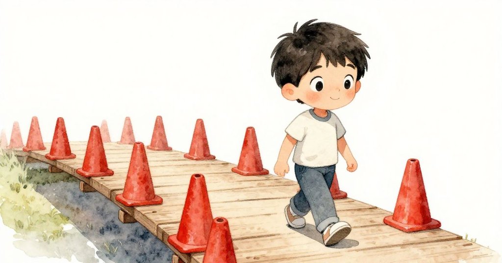 山姆小心翼翼地移向草邊，跨過點綴著鮮紅安全錐的木橋，呈現緊張而溫暖的環境。