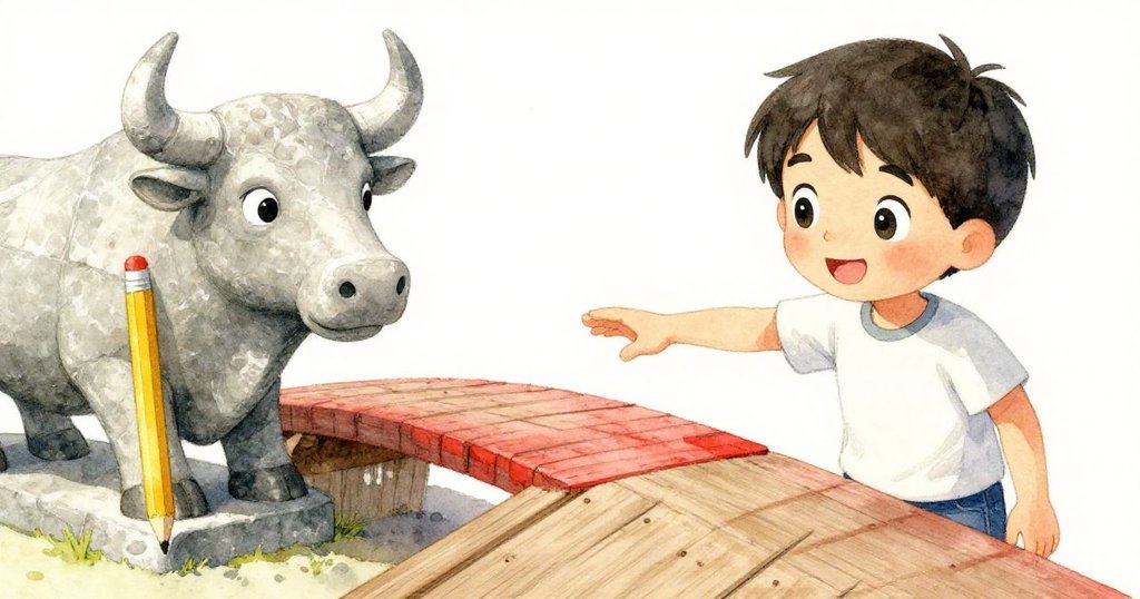 山姆發現閃亮的新漆和彩色鉛筆，靠近石公牛的細膩美景展現探險的驚奇。