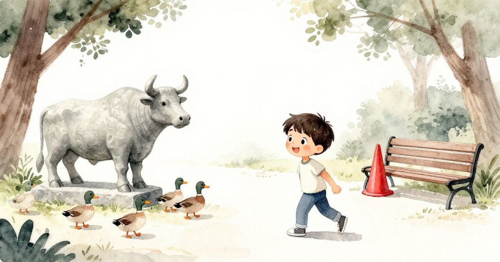 山姆滿懷溫馨回到石公牛旁，鴨子在樹下團聚，長椅邊孤錐靜立，展現結局的平靜與重逢。