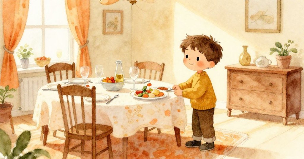 米洛站在明亮溫馨的房間中，靠近擺放節慶晚餐的桌子，陽光灑下，情感平靜準備開始故事。