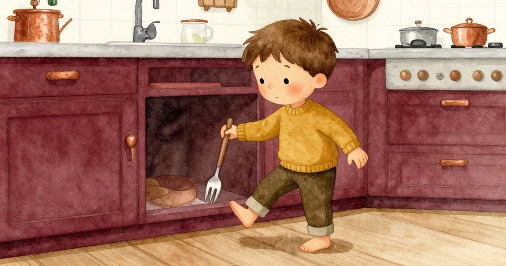 米洛向前邁步，在溫馨的廚房中，腳步輕快卻不慎讓叉子從手中滑落，滑向低櫥櫃下，帶來幽默感。