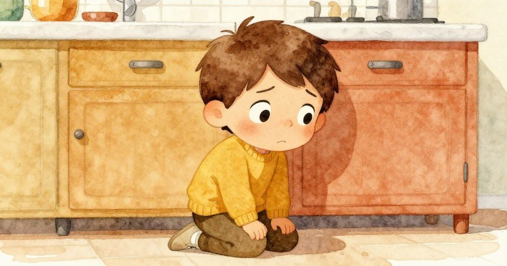 米洛跪在低矮的櫥櫃前伸展雙臂尋找滑落的叉子，他專注的眼神在溫暖光影中流露堅毅與些許失落。