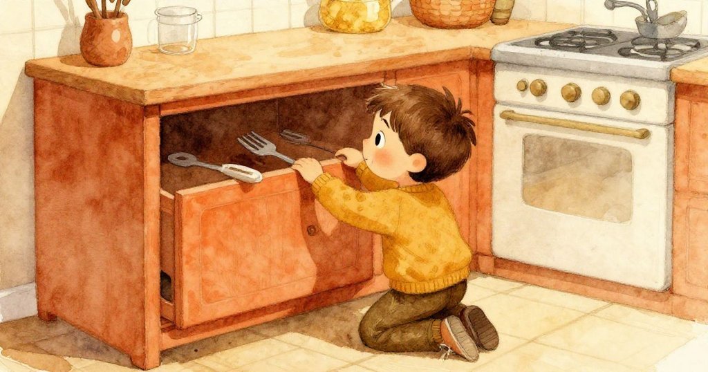 從高處俯視溫馨廚房，米洛跪著伸手在低櫥櫃下尋找滑動的叉子，呈現出家庭空間的細膩與溫暖。