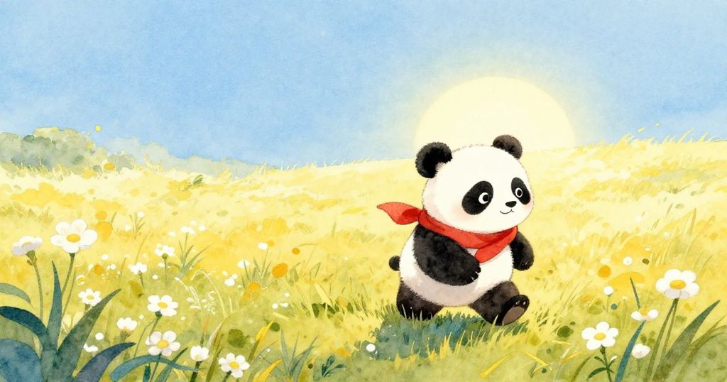 朝陽中，熊貓輕快走在綠油油的草地上，眼神充滿好奇，溫暖陽光灑落大地，展開新一天的冒險。