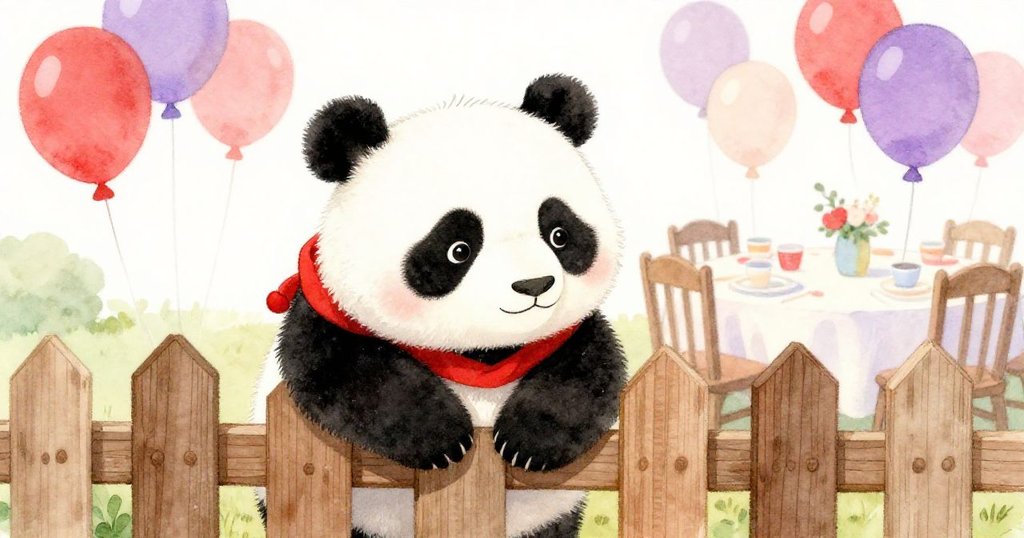 熊貓好奇彎身透過木柵欄縫隙觀看，背後氣球飄揚、派對桌上擺滿杯子，充滿歡慶與探索的氛圍。