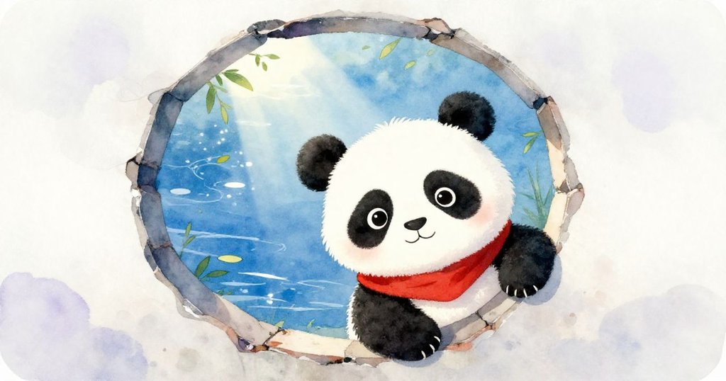 熊貓透過破牆洞窺望，池塘中陽光閃耀，落葉悠然漂浮，營造出一幅寧靜而美好的自然畫面。