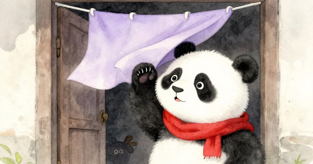 熊貓走向古舊門廊，風吹動懸掛布幔暫遮雙眼，他舉耳探查，神情好奇中透出溫柔探險。