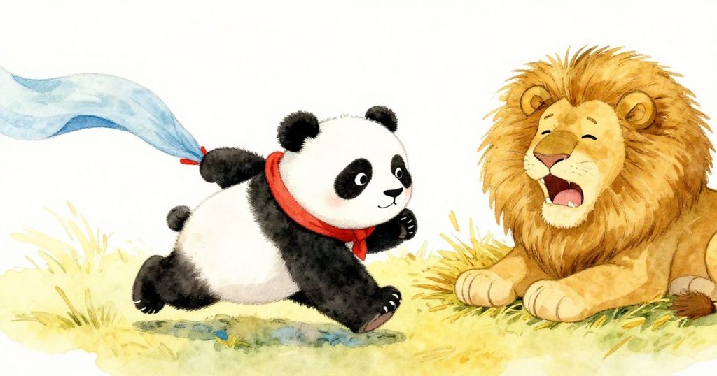 熊貓活潑追逐飄動的布條，獅子懶散打呵欠，兩者形成強烈對比，場景充滿趣味與生動動感。