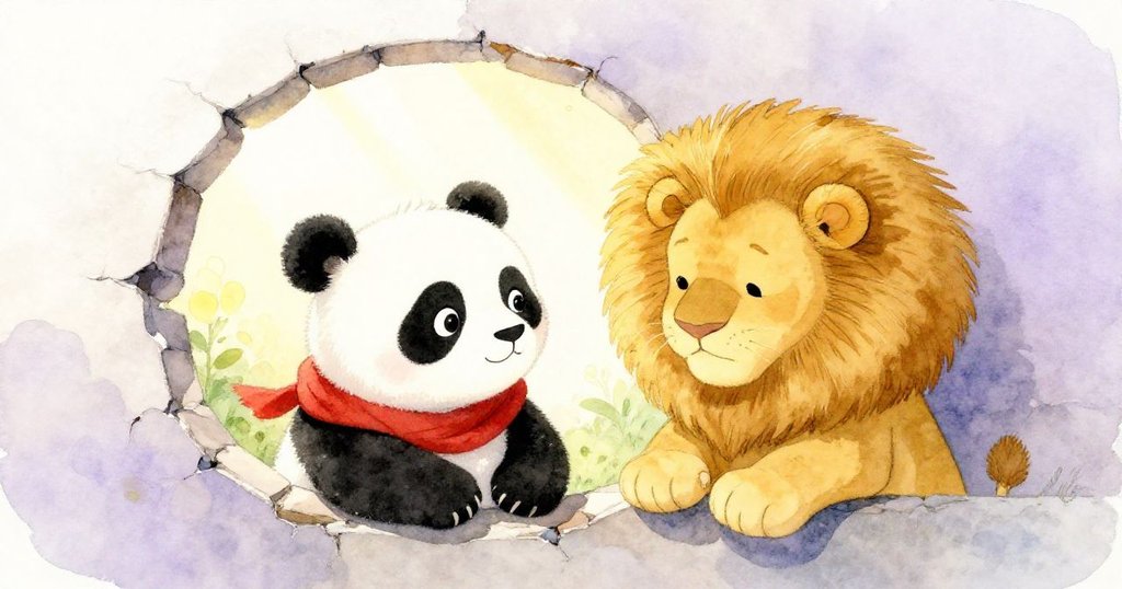 熊貓與獅子在破舊牆壁的圓洞旁溫柔互望，眼神中流露出友誼與關愛，陽光透射出希望光芒。