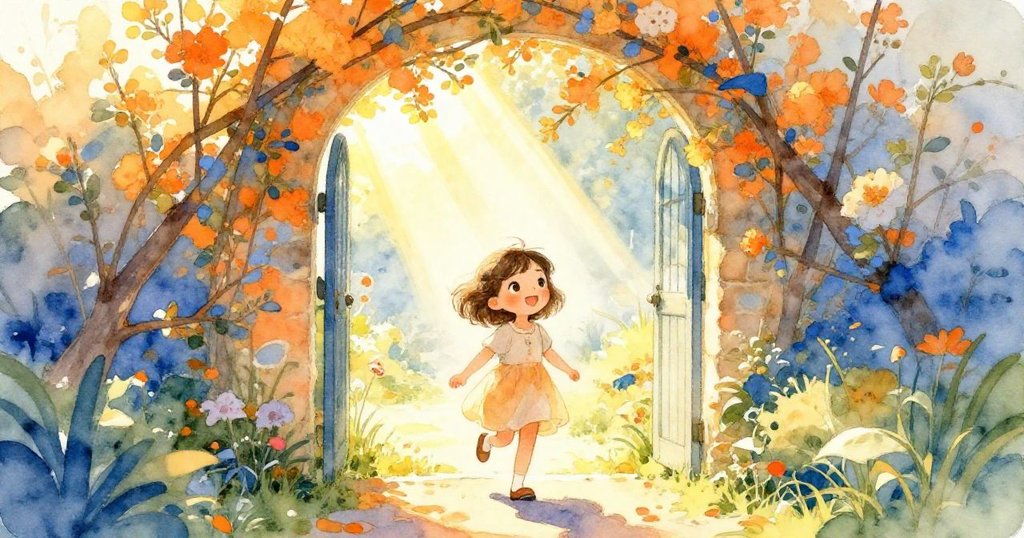 米婭快樂地踏入陽光明媚的花園，從花枝編織的門框中邁步而入，溫暖光線灑落在滿是花朵的小徑上