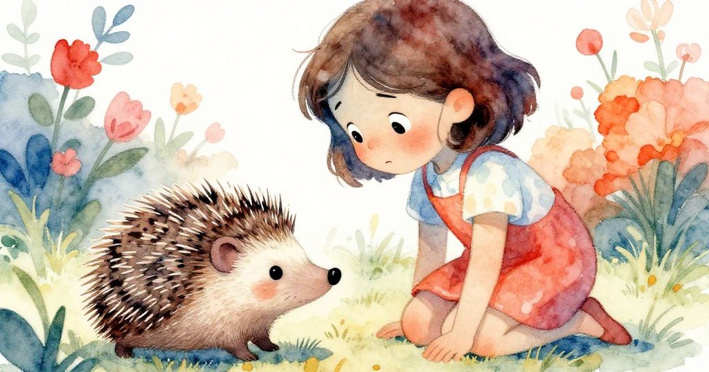 米婭在花園中跪下呵護刺蝟，低角度呈現她充滿關懷的眼神，背景點綴著鮮豔紅花與柔和光影