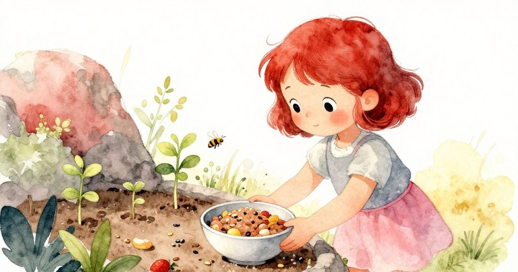 米婭在隱蔽花園角落中擺放混合種子和水果的貓食，周圍新芽破土而出，蜜蜂輕舞，展現自然新生與關懷