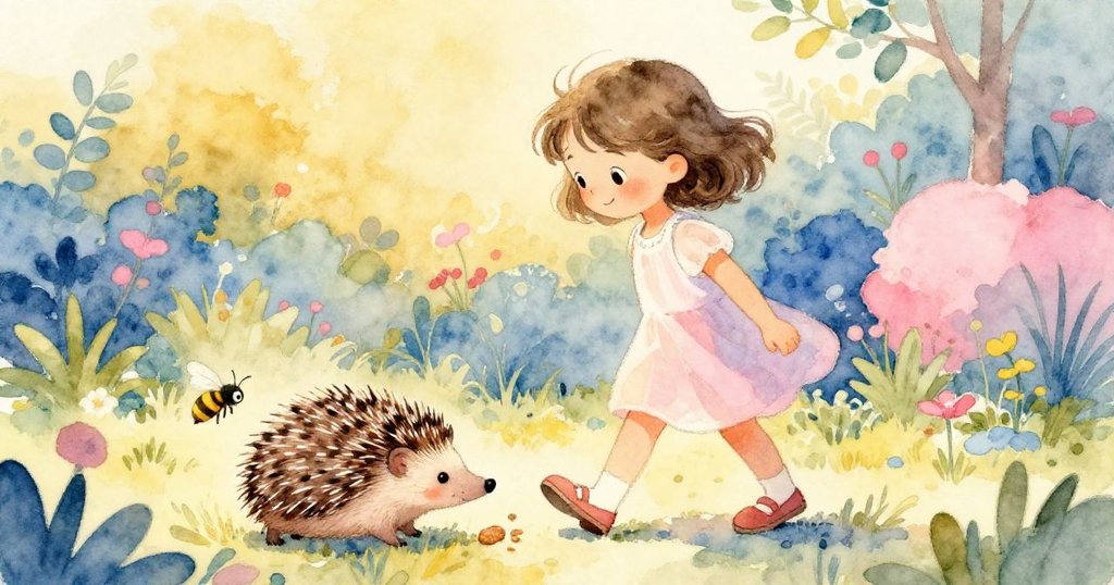 米婭滿臉喜悅後退，刺蝟好奇聞食，蜜蜂在葉間飛舞，花園中慶祝自然小勝利，氛圍熱烈溫馨