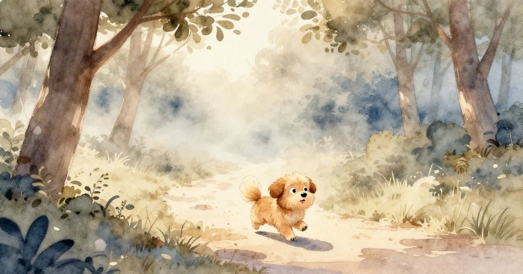 小狗Buddy在晨霧中快步穿越綠樹間,陽光柔和映照,神情充滿好奇與溫暖氣息。