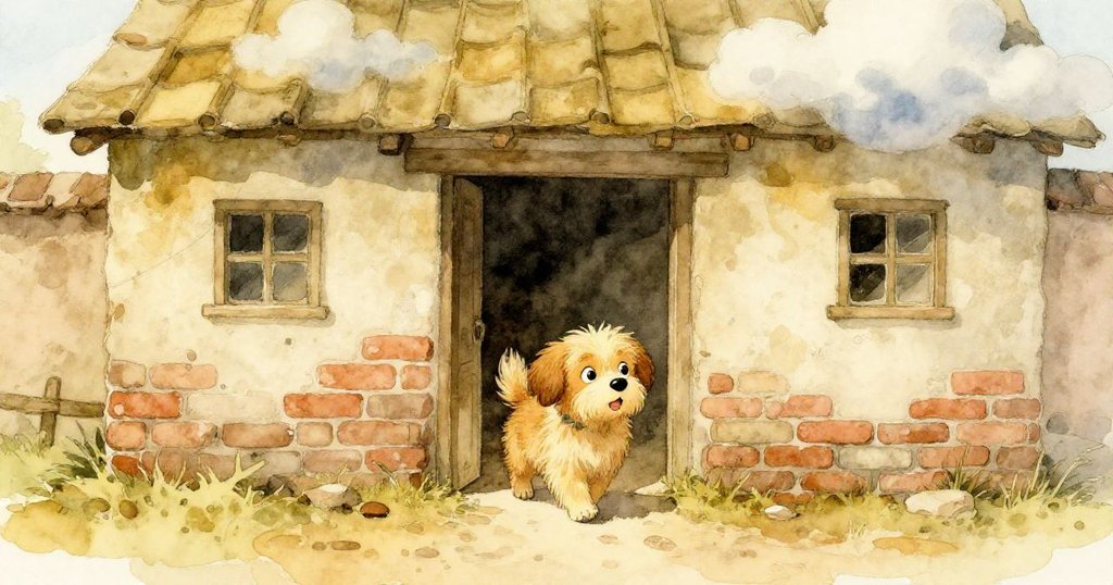 小狗Buddy踏入古色建築,腳印留於散落磚塊上,背景中飄浮柔和雲朵,表情充滿好奇探索。