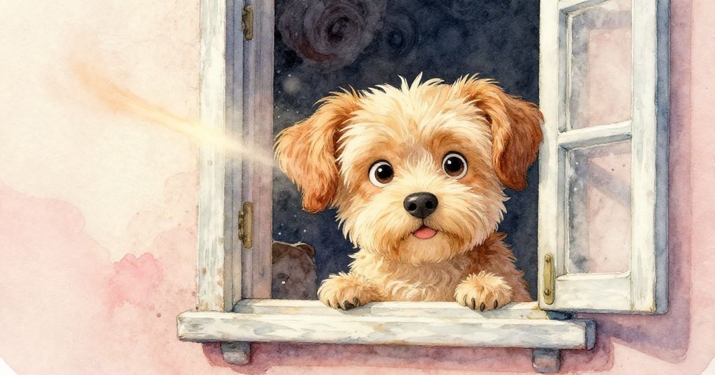 小狗Buddy貼近窗戶,凝視外牆上漂浮塵跡和神秘微光,眼神驚喜流露探索之情。