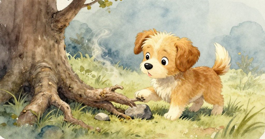 小狗Buddy在綠茵草地上靠近彎曲樹根與散石,溫暖塵埃旋舞,其神情專注而充滿探索精神。