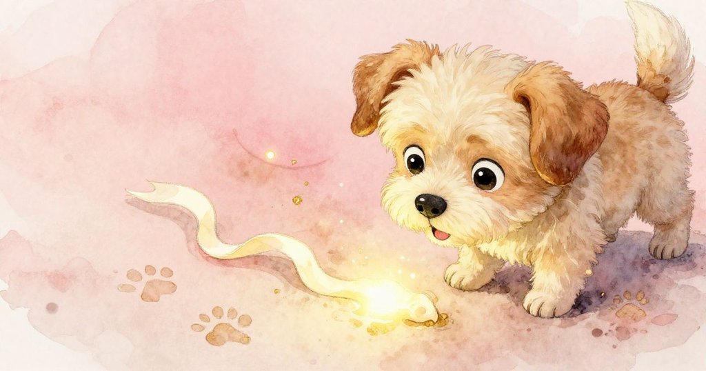 小狗Buddy驚喜發現微光彎曲痕跡,以鼻尖輕觸光帶,眼中閃爍探索與喜悅,場景充滿詩意。