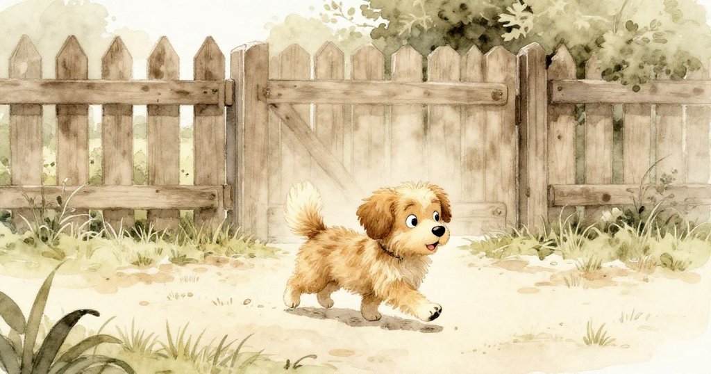 小狗Buddy離開舊跡,穿越靜謐院落,目光堅定望向遼闊未來,展現期待與平和新旅程。