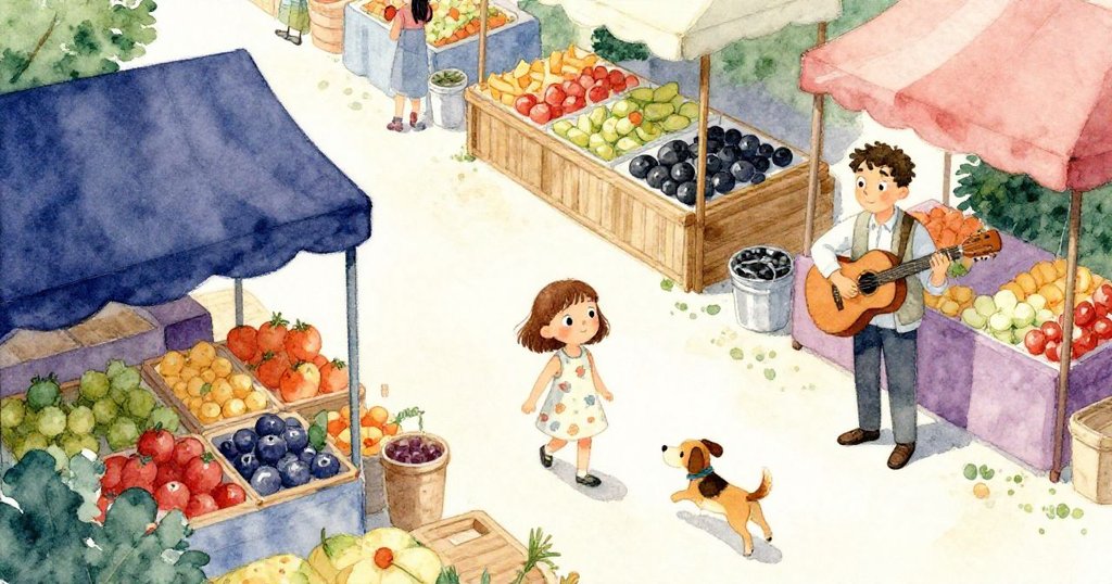 艾瑪在明亮市集中熱情探索木質水果攤,歌手彈奏吉他、狗兒嬉戲,整體場景充滿活力與溫暖情感。